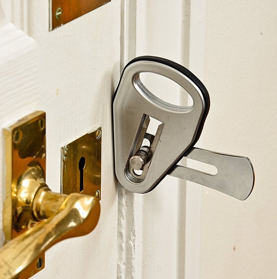 Portable Door & Travel With Calslock Portable Door Lock With Key Locking Device In Use