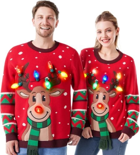 Light-Up Reindeer Couples Ugly Christmas Sweater